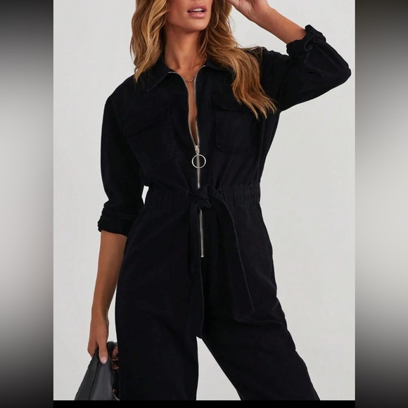 Plus Solid Black zip up Belted jogger Leg cargo Jumpsuit - Picture 2 of 3